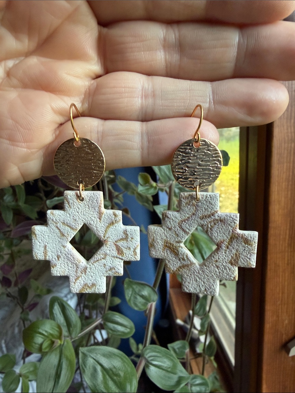 Handmade Ivory and Gold Geometric Clay Drop Earrings